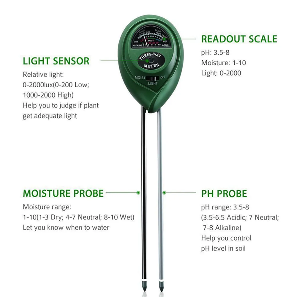 3 In 1 Bodem Ph Meter Zonlicht Ph Tester Tuinbloemen Bodem Vochtsensor Meter Planten Zuurgraad Vochtigheid Ph Monitor Detector