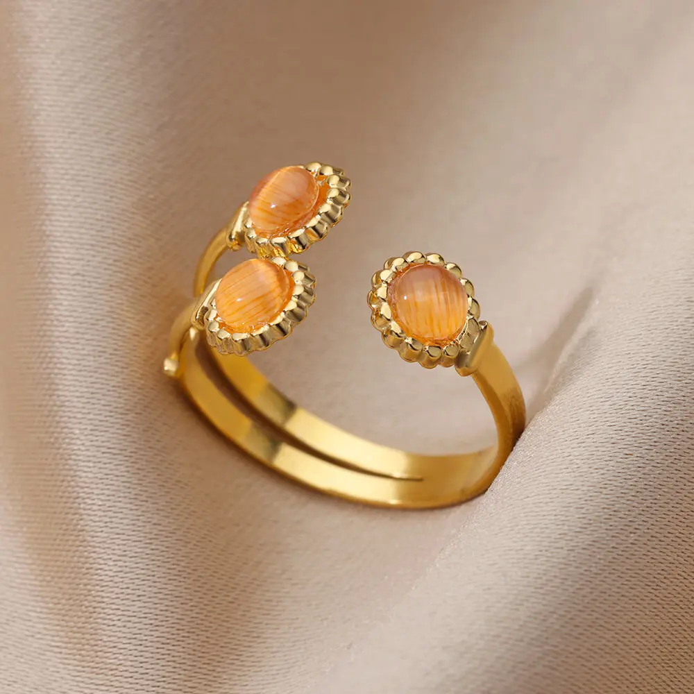 Green Stone Ring For Women Stainless Steel Gold Color Adjustable