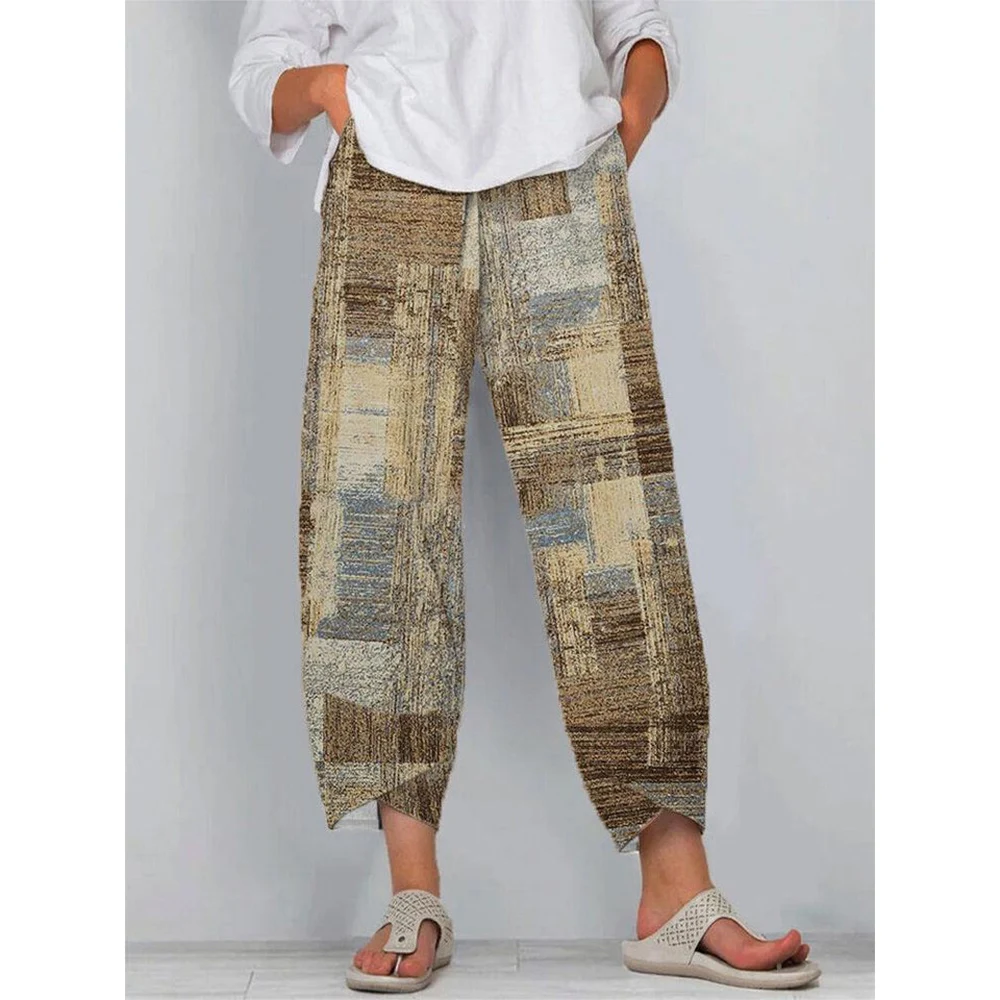 

CLOOCL Retro Sweatpants Cropped Pants Women Loose Casual Pockets Pants Print Large Check High Waist Slacks Wide Leg Pants