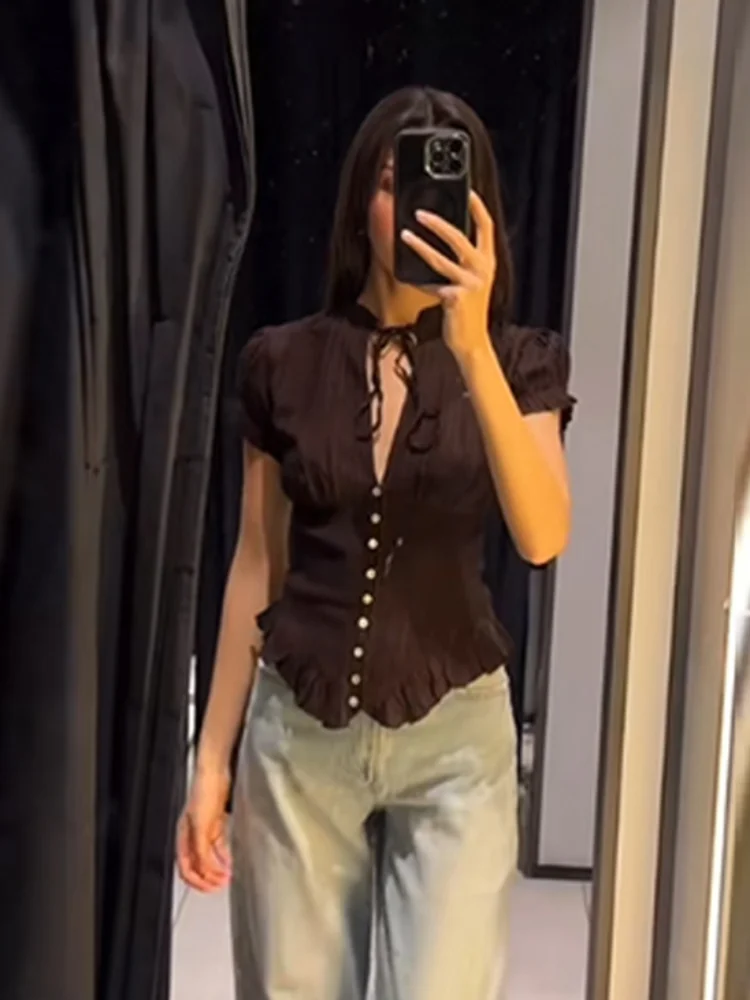 2026 Spring Summer Short Puff Sleeve Folds Shirts For Women Elegant Ruffles Single Breasted Shirt Lady Street Chic Cropped Tops 5