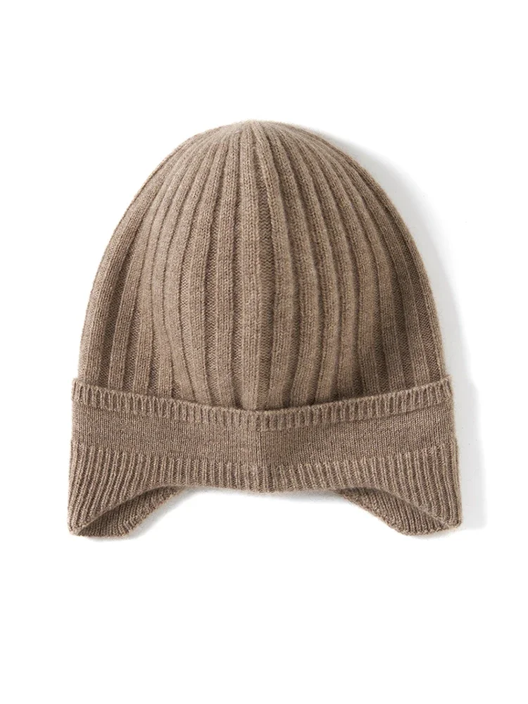 Cashmere Knit Earflap Caps Ribbing Thick Beanies 2023 Winter Vintage Hat Soft Hat Wool Blend Warm Hair Bonnet for Women Men 5