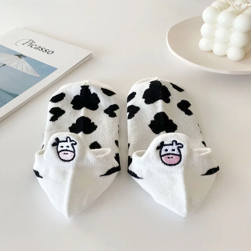 

Cartoon Print Socks for Women Cow Embroidery Spring Summer Cotton Short Socks for Ladies Girls Female Socks Sokken