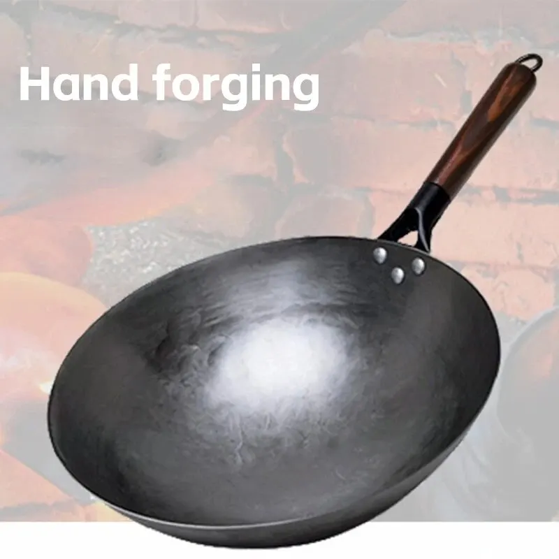 Iron Pot Household Frying Pan Traditional Hand Forged Without Coating Wooden Handle Old-style Non-iron Pot (30cm)