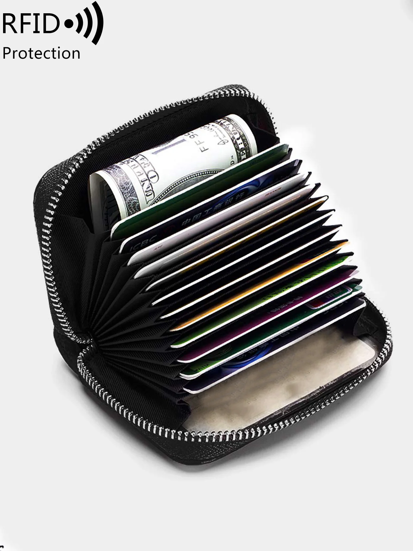 RFID Genuine Leather Accordion Wallet with Zipper - Elegant 14-Slot Credit Card Organizer