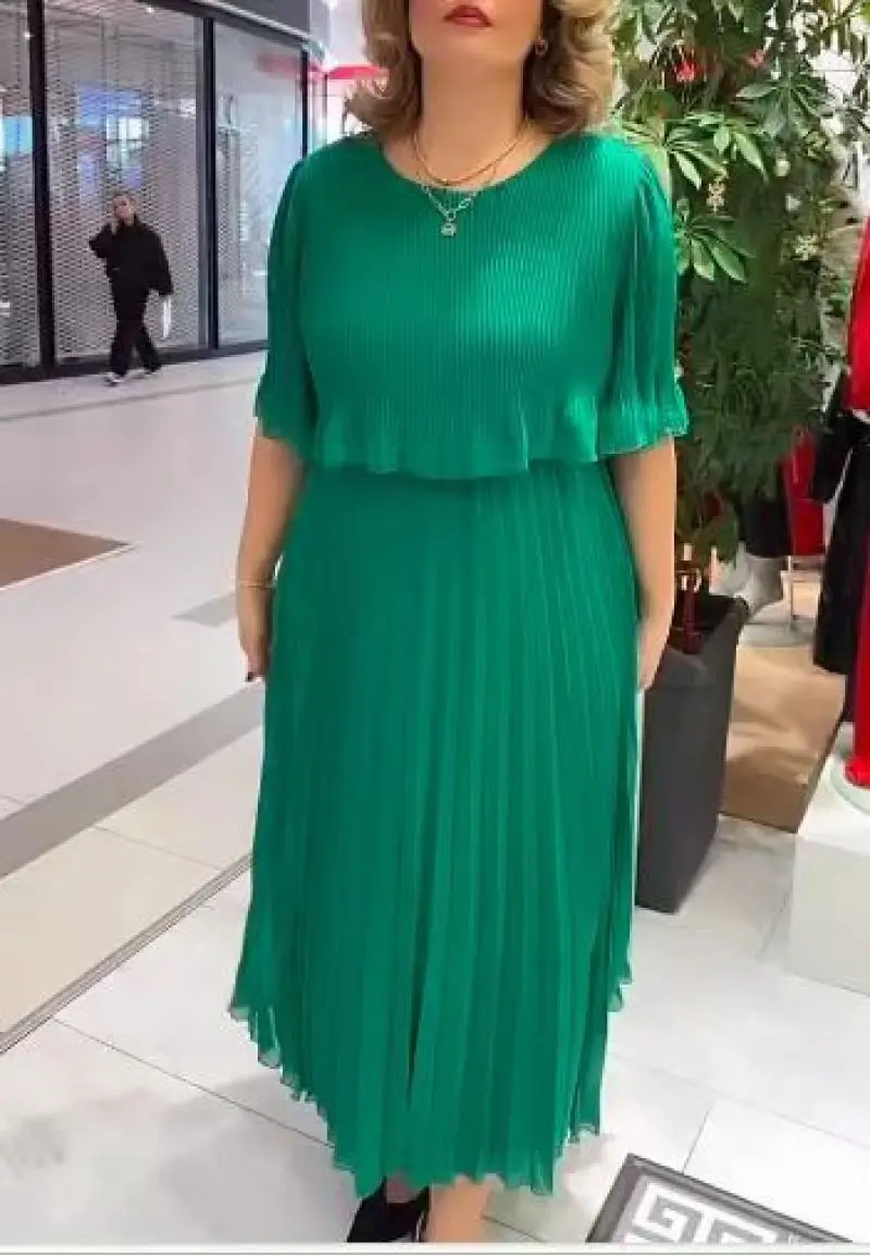 

Green Sexy Pleated Plus Size Loose Long Dress Half Sleeves Tiered Oversize Elegant Vintage Casual Dresses 3XL Free Shipping 28