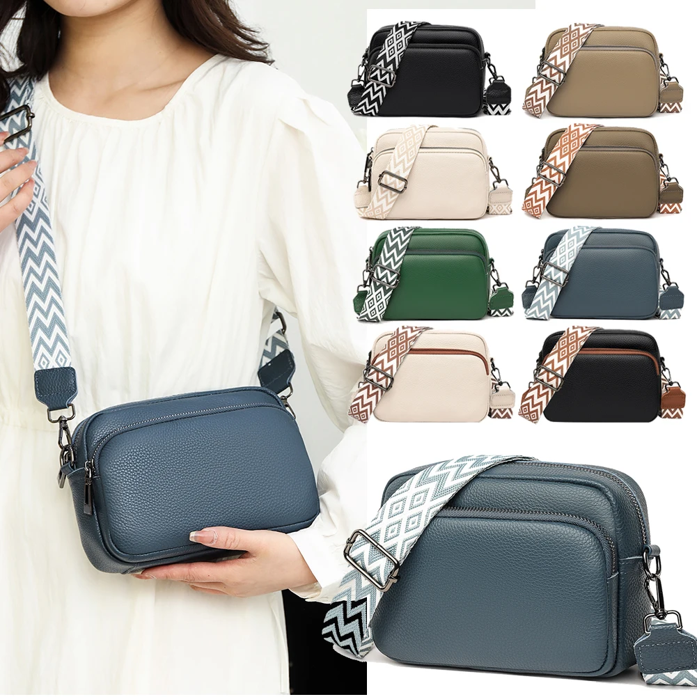 

Women Crossbody Bags Fashion Genuine Leather Small Square Bag Zipper Wide Strap Designer Bag Soft Solid Color Casual for Girls