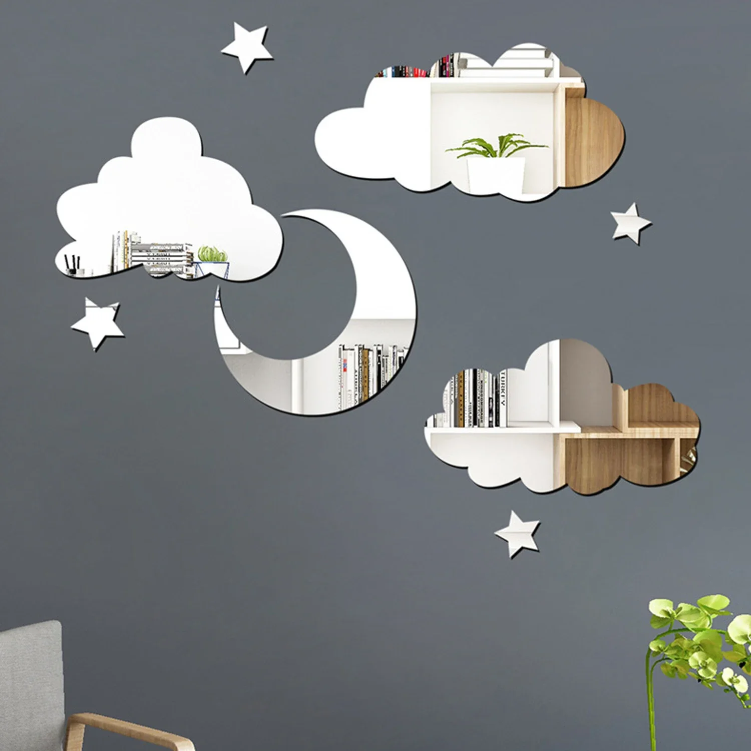 3D Cloud Star Moon Acrylic Wall Sticker Self-Adhesive Mirror Art Wall Sticker Living Room Background Bedroom Home Decoration 3