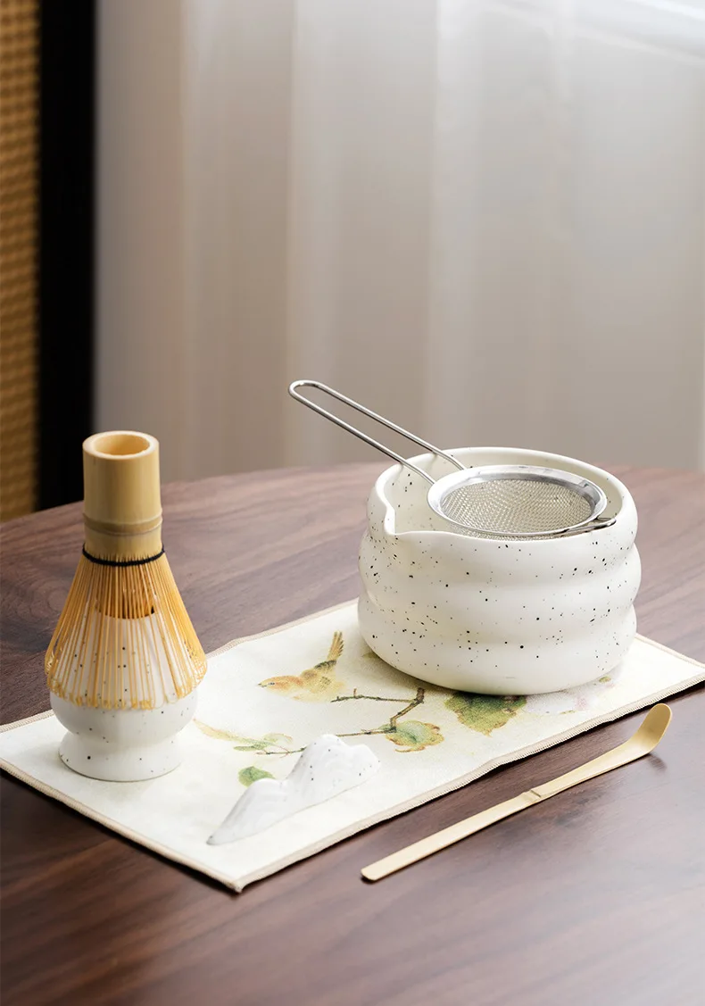 Description Picture 5 of item4/7Pcs/set Matcha Blender Set Bamboo Tea Whisk Matcha Brush Tea Set Matcha Bowl with Strainer Matcha Tool Set Sand Dot White