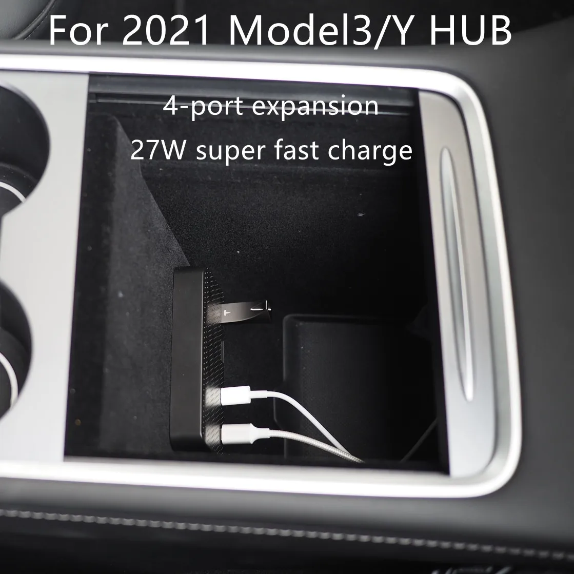 Tesla Mittelkonsole USB-Ladekabel Organizer, USB-Hub für Tesla Model 3 und  Model Y 2017-2021 2022 Ladedatenkabel Loch Hub Speicher Carbon Fi