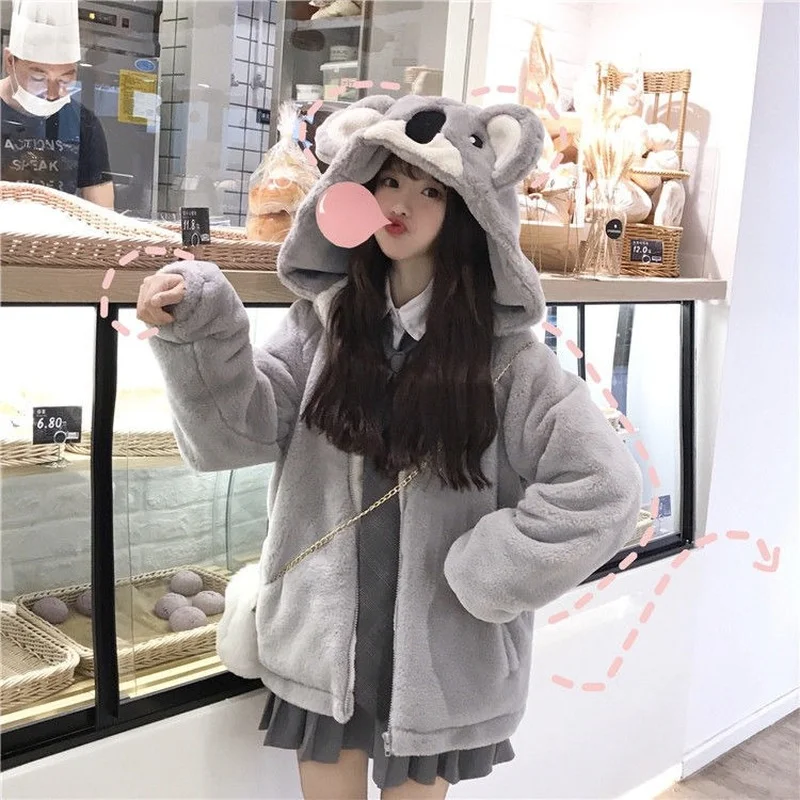 Women Cute Plush Thick Warm Spring Autumn Jacket Kawaii Koala Ears Hooded Sweatshirts Lovely Girl Student Furry Hoodies Jackets lovely flower baby turban hat soft elastic kids beanie autumn winter solid baby girl bonnet hats for newborn infant accessories