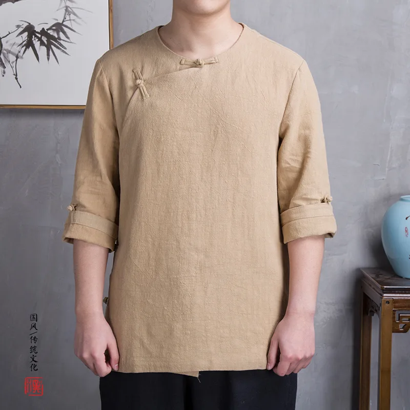 

Yourqipao Chinese Cheongsam Hanbok T-shirt Men's Tang Retro Cotton Linen T-shirt Tops Shirt Japanese Casual Loose Kimono Tops