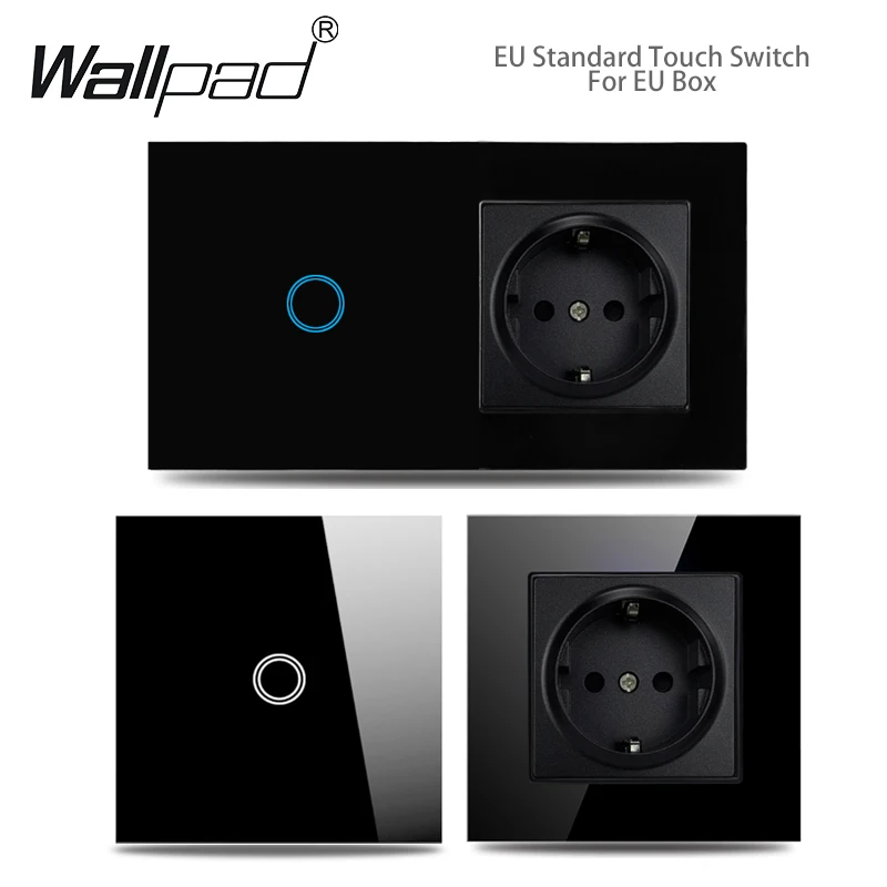 Touch Light Schakelaar Met Eu Wandcontactdoos Zwart 1 Bende 1 Weg Led Interruptor Kristal Donkerblauwe Achtergrondverlichting Wallpad Home Improvemet