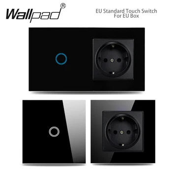 สวิทช์ไฟสัมผัส EU Wall SOCKET สีดํา 1 GANG 1 WAY LED สวิทช์คริสตัลสีน้ําเงินเข้ม Backlight Wallpad Home Improvementmet 1