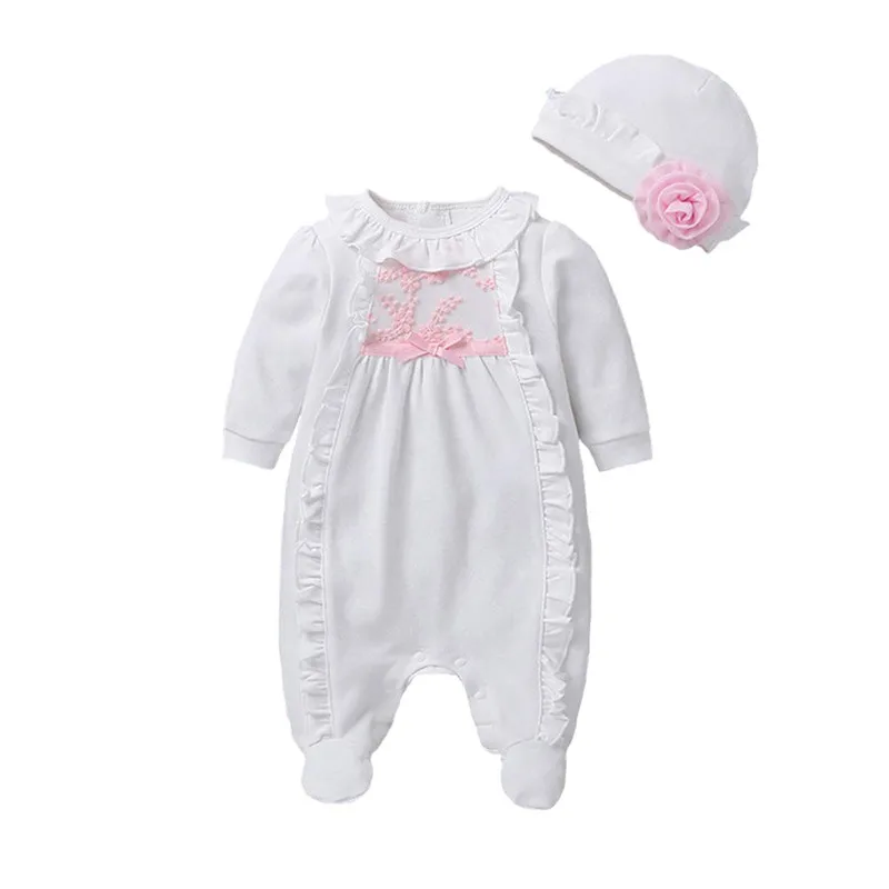 0-12months Princess Baby Girl Footies Jumpsuit Long Sleeve 3D Print Ruffled Infant Girls Romper Footwear + Flower Hat Set baby clothes