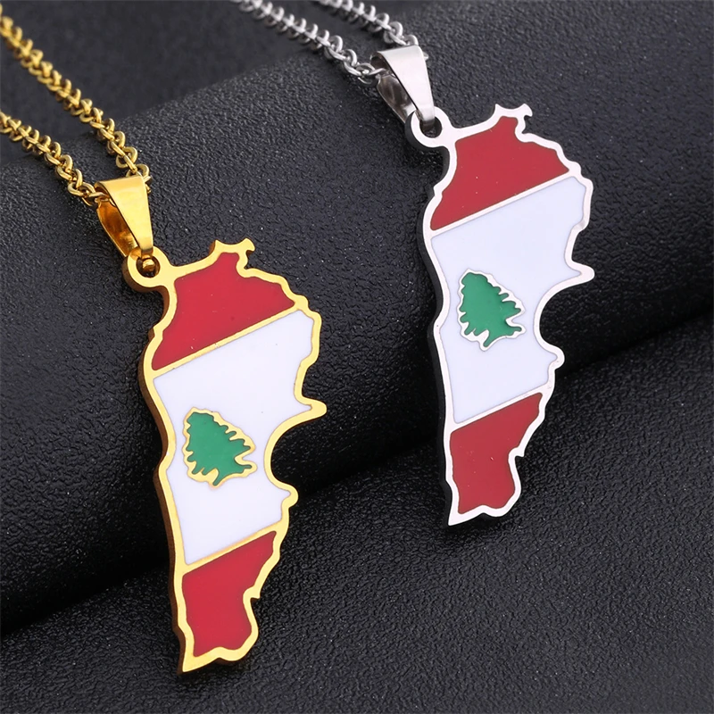 New Stainless Steel Lebanon Map With Flag Pendants Necklaces Silver