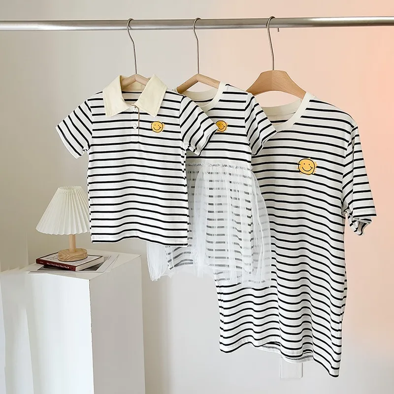 Family Matching Outfits Short Sleeves Baby Girl Boy Bodysuit Striped Mother Dad Son Daughter Parent-child Pullover Tee H1212 3