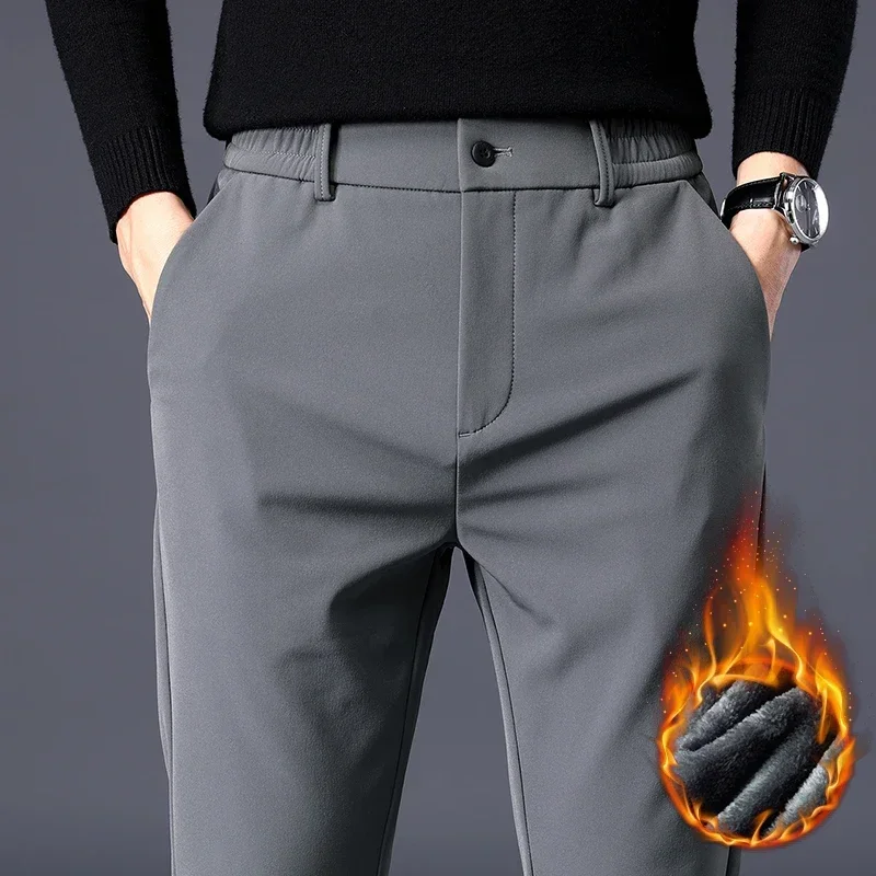 Autumn Winter Pants Men Thicken Fleece Lined Warm Elastic Waist Outdoor Sweatpants Fashion Slim Grey Suit Trousers Male