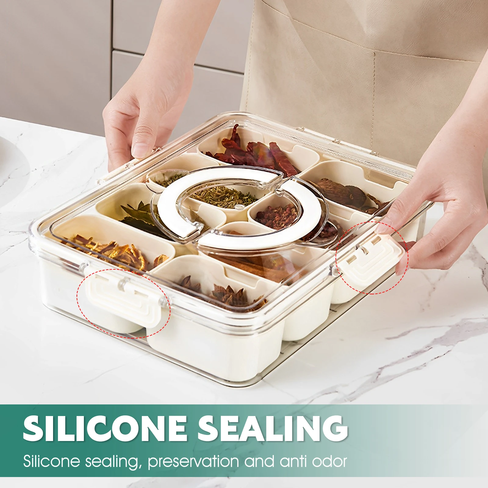 Plastic Dinnerware Divided Serving Tray with Lid and Handle Portable Snack Platters Organizer with 8 Compartments Reusable Appetizer Tray