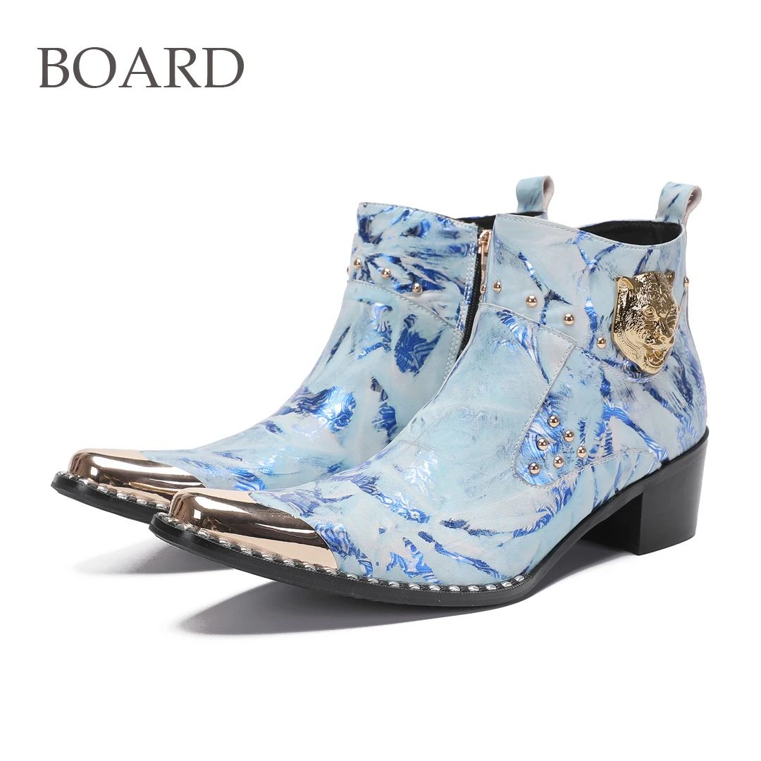 BOARD Luxury Leather Boots Metal Iron Toe Rivets Tiger Head Fashion Men's Boots Men's Formal Genuine Leather Casual Shoes