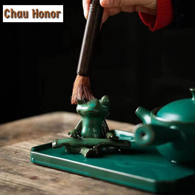 Japanese Turquoise Frog Tea Pet Handmade Flowerpot Landscaping Tea Figurine Play Toys Tea Statue Ornaments Teaset Workmanship
