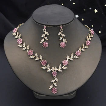 Rhinestone Bride Jewelry Sets for Women Luxury Flower Choker Necklace Earrings Wedding Dress Bridal Necklace Sets Fashion