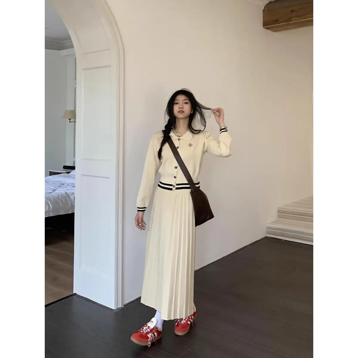 

Preppy Suit Women Spring and Autumn Long Sleeve Knitted Cardigan High Waist Temperament Skirt Two-piece Set