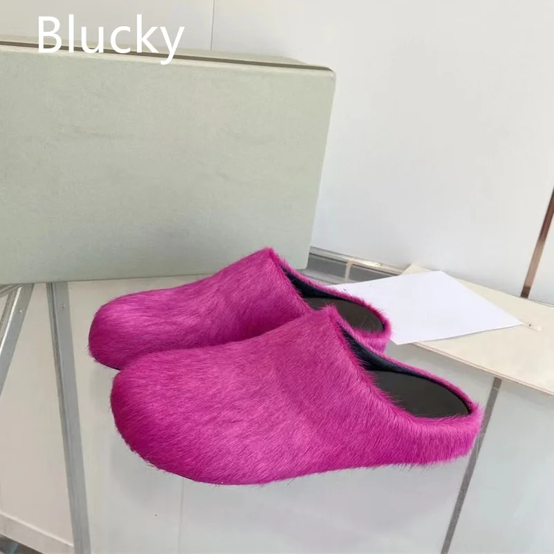 

Autumn Women's horse hair slippers Solid Color Round head Genuine leather sole Flat Bottom