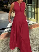 UOOZEE Office Lady Commute Pleated A-line Dress 2025 New Summer Fashion Solid Color Sleeveless Zipper Evening Maxi Dresses - Image 5