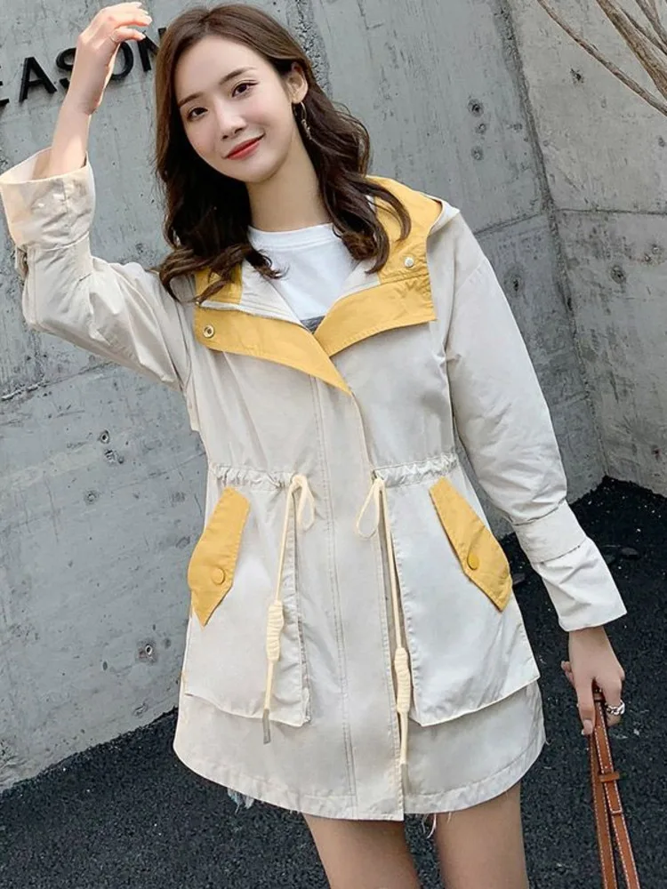 

Trench Coat New Women Vintage Elegant Fashion Hooded Solid Color Chic Korean Style Mid-length Long Sleeve Overcoat New