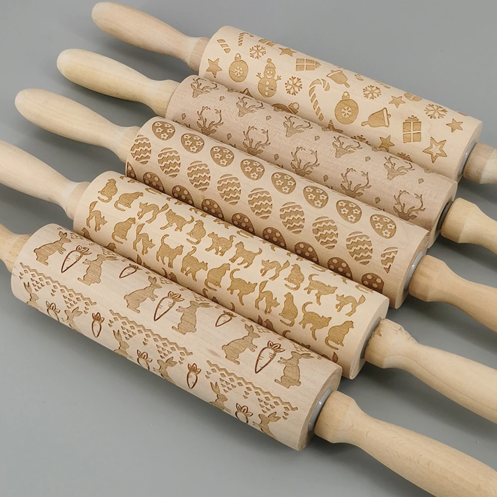 rouleau à pâtisserie en bois gravé pour biscuits et gâteaux - Accessoires de cuisine main image 0