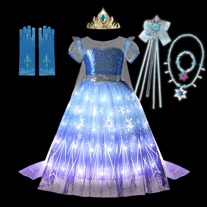 thumbnail image 1 of Disney-vestido de princesa Elsa con luz LED para niños, disfraz de Carnaval de Frozen, cumpleaños, 2-10T, 1 of 5