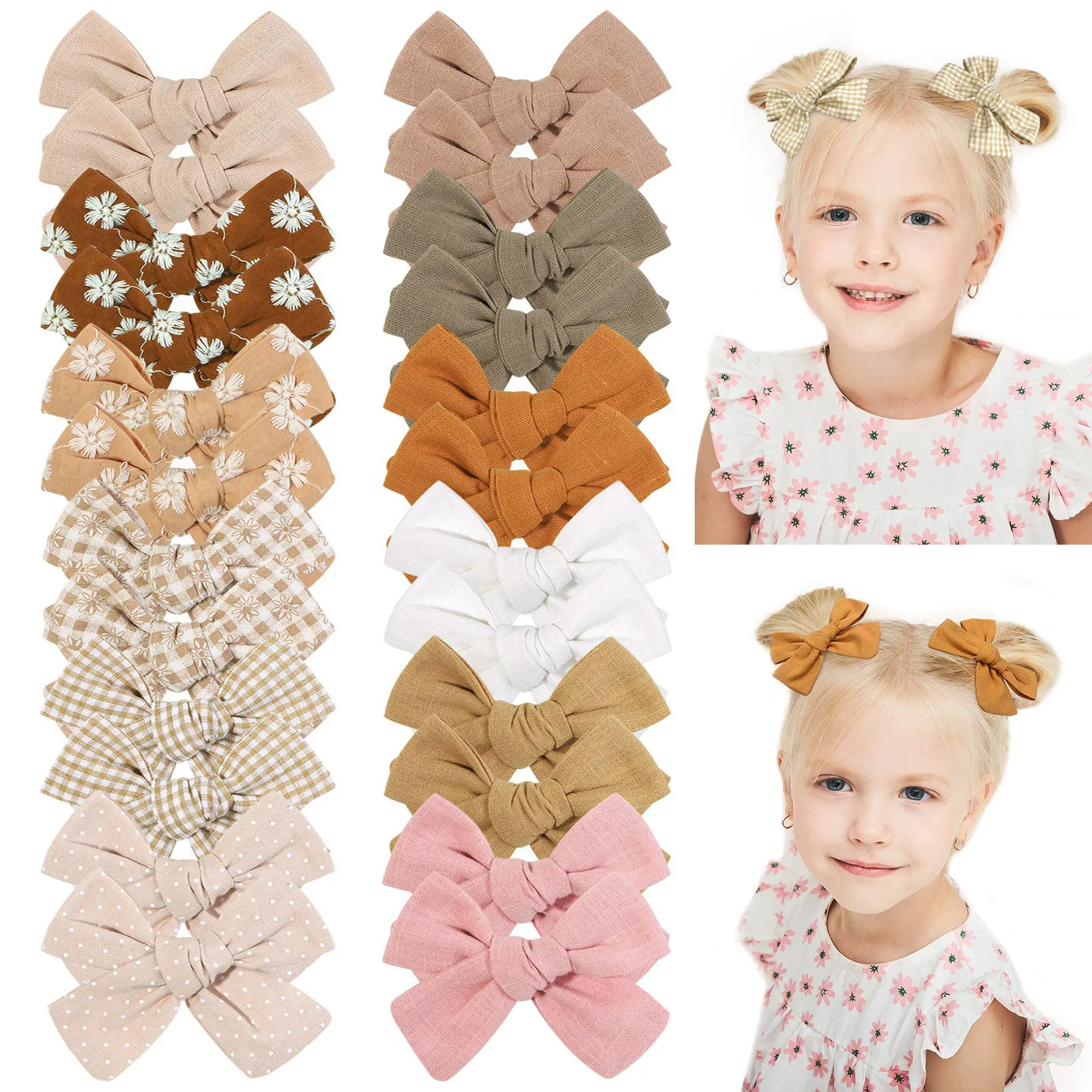 2Pcs/Set Cute Print Striped Bow Hair Clips Solid Color Bow Hairclips Cotton Safety Handmade Headwear Kids Baby Hair Accessories