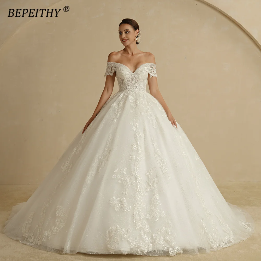 BEPEITHY Off Shoulder Lace Wedding Dresses 2022 For Women Sleeveless Vintage Shinny Glitter Bridal Ball Gown Vestidos De Novia