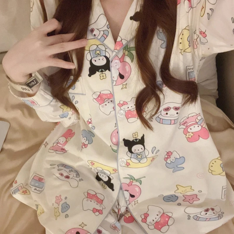 

Kawaii Sanrio Anime Hello Kitty Kuromi Cinnamoroll Cute Cartoon Long Sleeve Pajamas Sweet Home Clothes Set Girly Heart