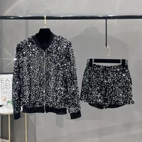 Premium Sequined Coat Women's Suit Jacket Zipper Top Baseball Uniform Casual Versatile and Thin Two-piece Women's Fashion - Image 3