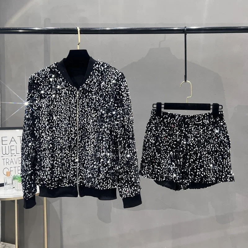Premium Sequined Coat Women's Suit Jacket Zipper Top Baseball Uniform Casual Versatile and Thin Two-piece Women's Fashion 3