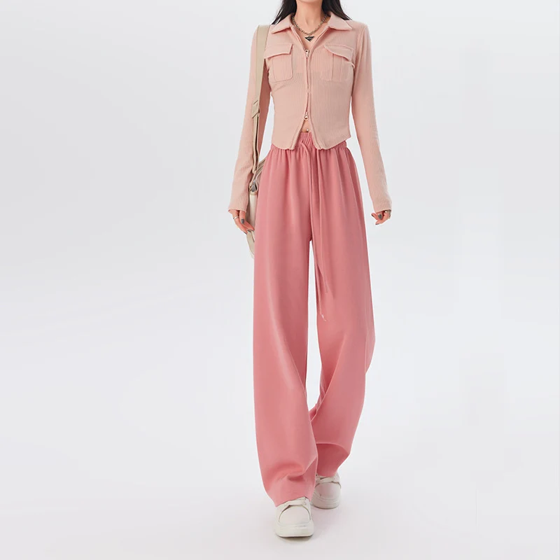 Spring Autumn Women Long Pants Casual Wide leg Elastic Waist Female Straight Knitted Trousers 2024 Sports Pants Loose Pants