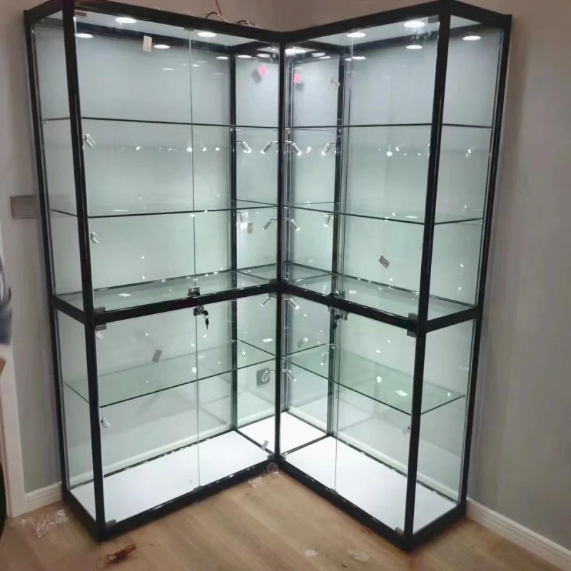 Custom, aluminium frame cheap cheap glass display showcase cabinet LED light tempered glass display for product