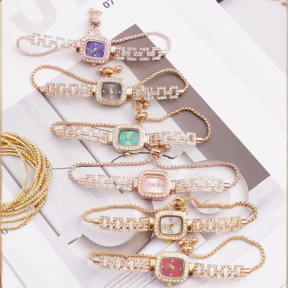 Cross-border new small square bracelet pull women's watch free adjustment square chain diamond set small ladies quartz watch