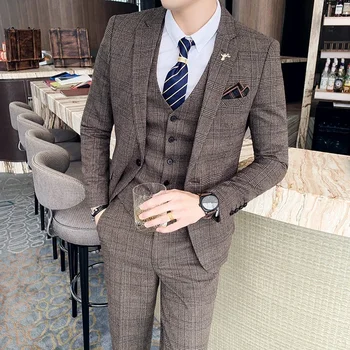 Abito da uomo in 3 pezzi di alta qualità taglie forti 5XL-M (abito + gilet + pantaloni) Abito scozzese alla moda da lavoro Set per banchetti nuziali dello sposo