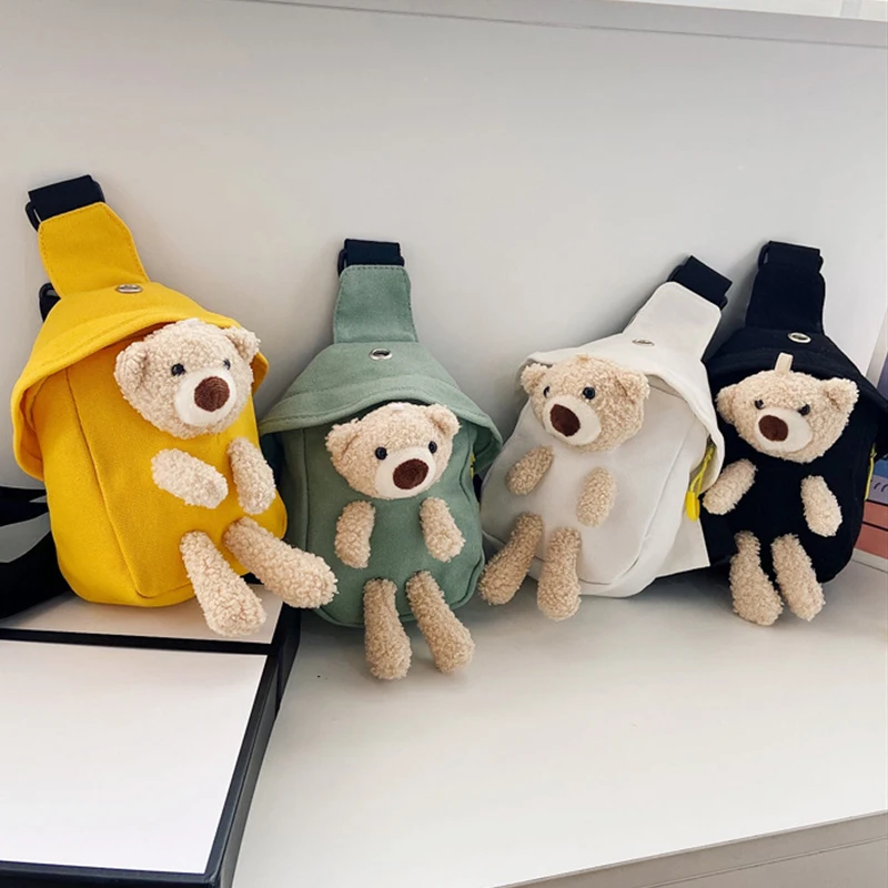 

Cartoon Plush Bear Kids Chest Bag Cute Canvas Messenger Bag Children Outdoor Zipper Waist Pack Luxury Bags Designer
