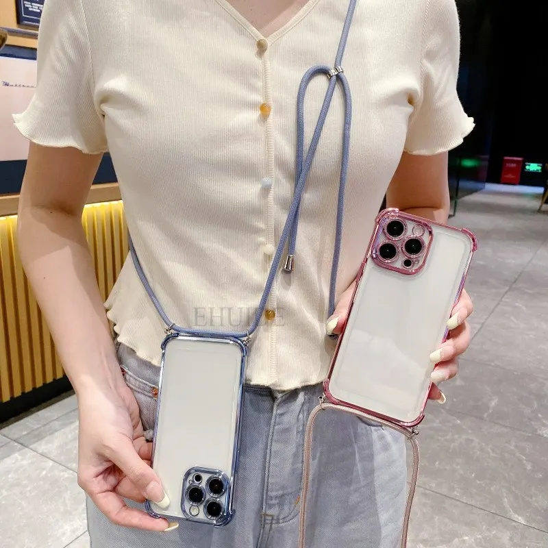 Clear Strap Crossbody Shockproof Plating Case with Lanyard Cord