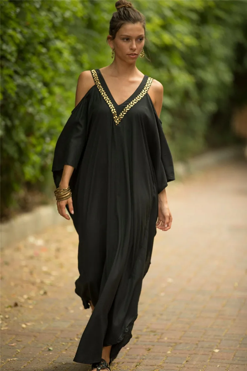 Kaftan Dresses Swimsuit Cover Up Maxi Dress Beach Wear Turkish Cold Shoulder Beach Outifits Summer Vacation 3