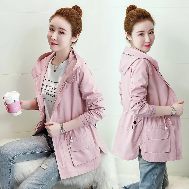 

short coat woman 2018 spring and autumn dress new Korean version of waist display thin college wind hooded small man windbreake