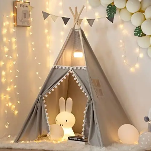 

Teepee Tent for Kids with Padded Mat, Foldable Play Tent with Carry Bag for Indoor Outdoor, Pompom Lace Cotton Canvas Playhouse