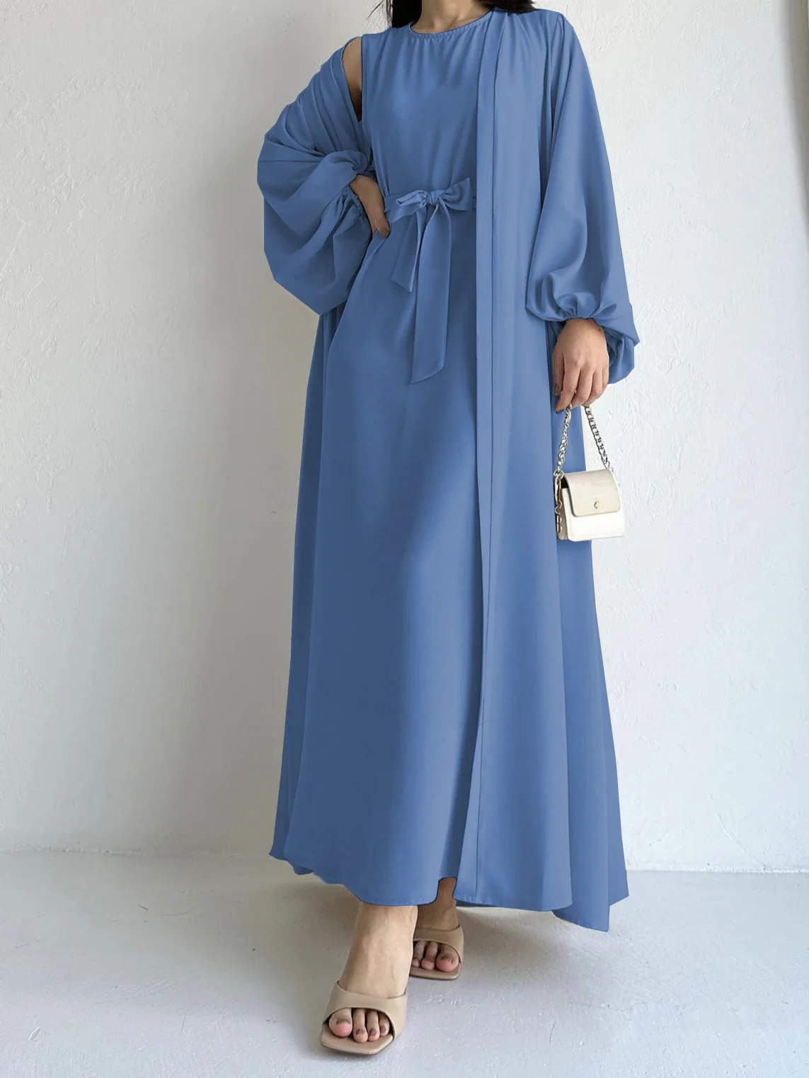 Abaya Ramadan Elegant Solid Two-piece Set Dress, Open Front Coverup & Tie Waist Abayas Outfits, Islam Women's Clothing Kaftan