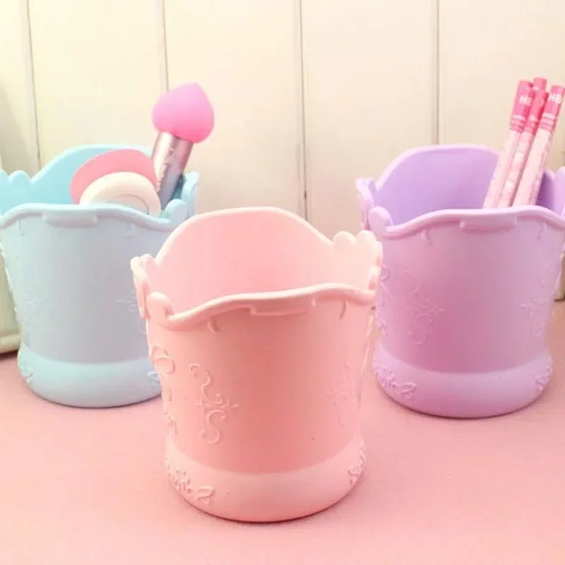 Bow Love Heart Shape Plastic Pen Holder Pink Barrel Girl Cute Bucket Desk Organizer Stationery Large-capacity School Supplies