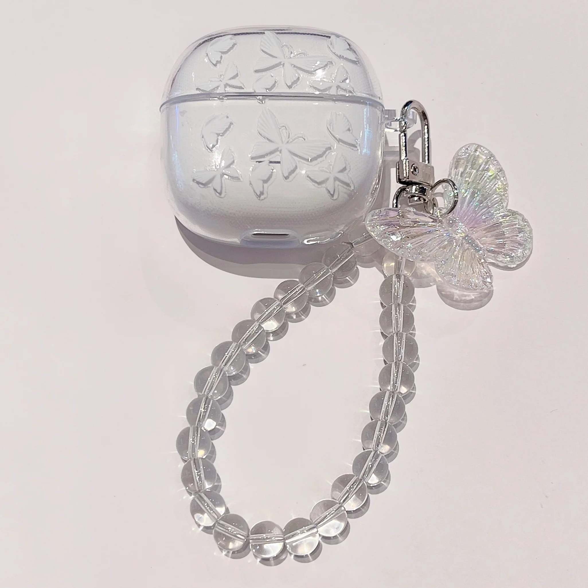 Adorable Clear TPU Earphone Case with Chain Keychain and Cartoon Flower Bear Design