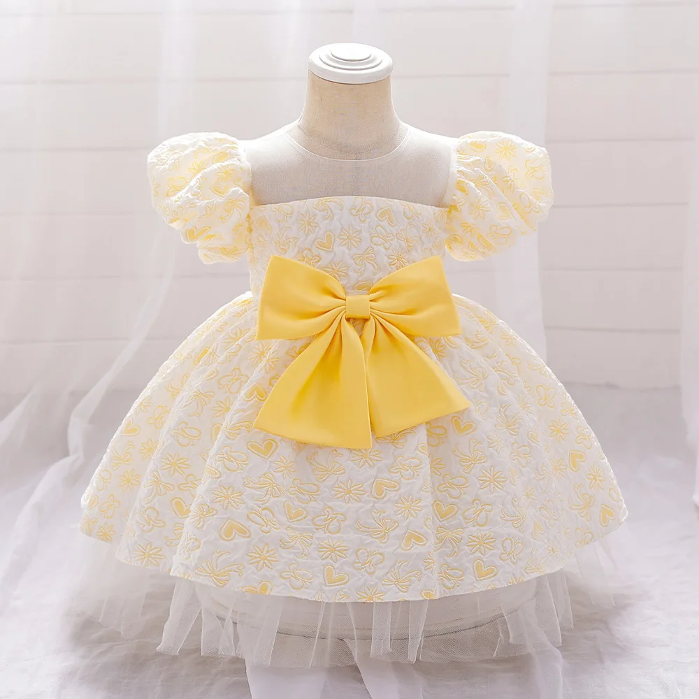 

Toddler Short Sleeves Kids Dresses Infant Girl Birthday Party Ball Gown Yellow Newborn Christening Princess Costumes