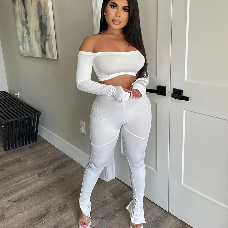 

Elegant Knit Ribbed Two Piece Set Women Party Night Club Outfits Off Shoulder Crop Top and Split Pencil Pant Sets Matching Sets